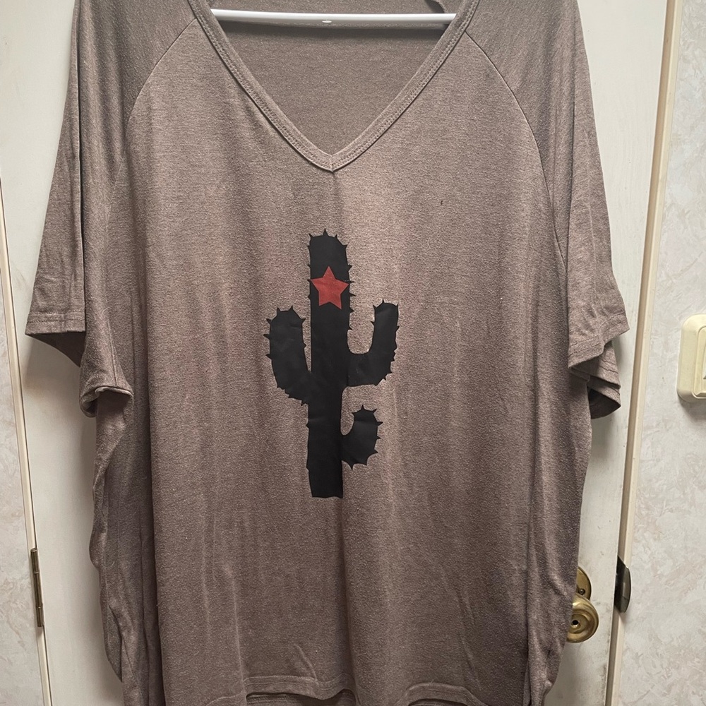 Brown V-Neck T-Shirt with Cactus Print